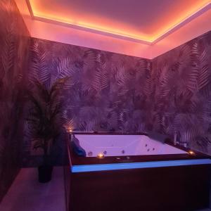布林迪西b&b THE WORLD的紫色墙壁的客房内设有浴缸