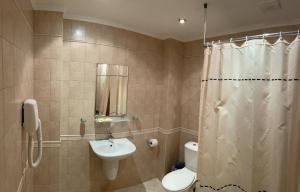 加布罗沃Guesthouse Hitar Petar的一间带水槽、卫生间和淋浴的浴室