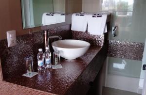 墨西哥城Hotel Rossel Plaza的一间带碗水槽和镜子的浴室