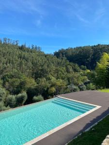 阿尔库什迪瓦尔德维什Quinta do ribeiro的一座树木繁茂的山丘前的游泳池