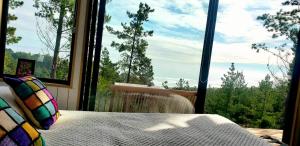 维丘肯Tinyhouse Boyeruca Lodge. Maravillosas vistas de Bosque, Mar y Cielo的一间卧室设有一张床和一个大窗户