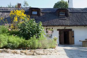 KőszegszerdahelySasfészek Pihenő的茅草屋顶和花园的房子