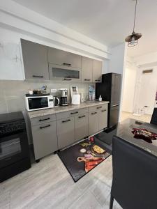 雅西Apartament de lux intr-o zona rezidentiala linistita的带不锈钢用具的厨房和厨房地毯