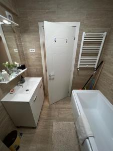 雅西Apartament de lux intr-o zona rezidentiala linistita的浴室配有白色水槽和浴缸。