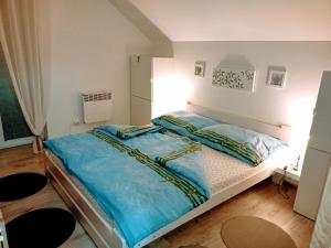 特尔乔夫Apartmán Romanna的一间卧室配有一张带蓝色床单的大床