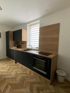 拉贝河畔乌斯季Apartmány U Viaduktu 46的厨房配有黑色橱柜、水槽和窗户。