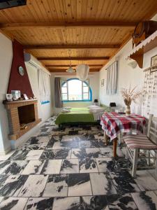 米科利维亚Matina Naxos - Mikri Vigla的一间卧室配有一张床和一个壁炉