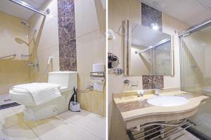 吉达EKONO by Leva Jeddah Airport Hotel的浴室的两张照片,配有卫生间和水槽