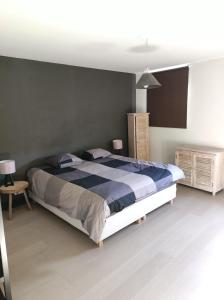 特镇Gîte et Chambres d'hôte L'Amarante的一间卧室配有一张带蓝色和白色棉被的床