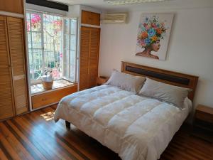 圣地亚哥Casona Lorena的一间卧室设有一张大床和一个窗户。