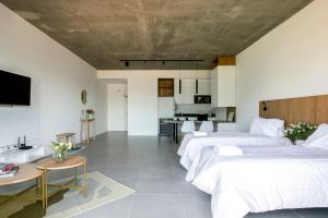 La LonjaDepartamento premium en Pilar 220的一间带两张床和一张桌子的卧室以及一间厨房