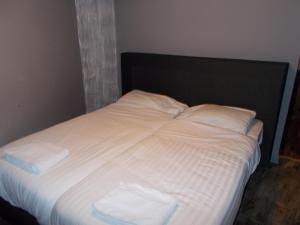 布鲁塞尔城市市中心旅舍的一张带白色床单的床和两张毛巾