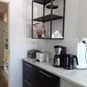 LohjaLohja Lempola 2 room apartment的厨房柜台配有咖啡壶和台灯