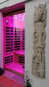 罗克布吕讷-卡普马丹Vue magnifique, piscine privée chauffée et sauna à 10min de Monaco的建筑上装有粉红色照明的商店窗户