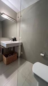 奥洛特Ático de diseño con terraza en el centro de Olot的一间带水槽和卫生间的浴室