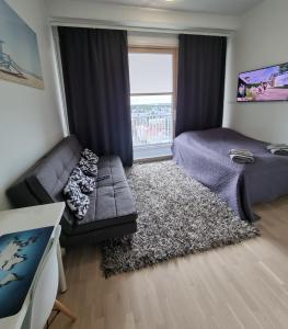 奥卢Penthouse in the Oulu center的带沙发和床的客厅以及窗户。