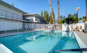 贝克斯菲尔德Motel 6-Bakersfield, CA - South的棕榈树建筑前的游泳池