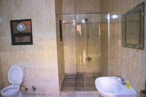 伊尔比德萨拉皇冠酒店 的带淋浴、卫生间和盥洗盆的浴室