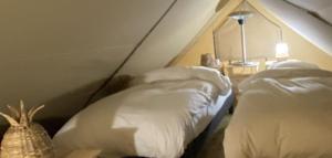 特雷尼Ecolodge Beauregard的阁楼间配有2张白色的床