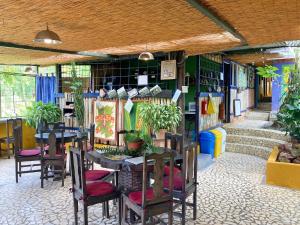 奥罗西Montaña Linda Hostel Orosi的一间餐厅,里面种有桌椅和植物