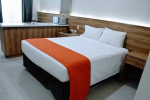 新拉雷多HOTEL LOS ROBLES的一间卧室配有一张大床和水槽