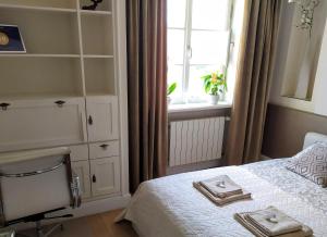 华沙Royal Warsaw Apartment的一间卧室设有一张床、一个窗口和一把椅子