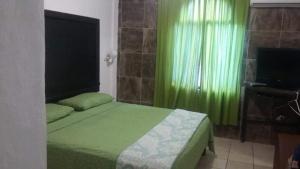 MatlapaHotel Raíz de Sierra的一间卧室配有绿色的床和电视