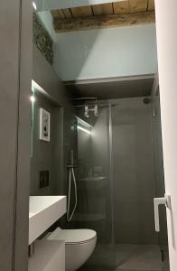 梅纳焦Villa Paola - Holiday Apartment - Menaggio, Lago di Como的一间带卫生间和玻璃淋浴间的浴室