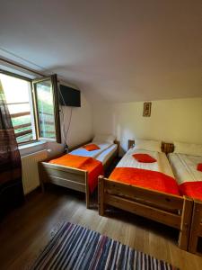 莫里河乡Vila Ioana的一间卧室设有两张床,墙上配有电视。