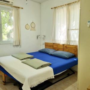 Moledetבית פרומן的一间卧室设有两张带蓝色床单的床和窗户。