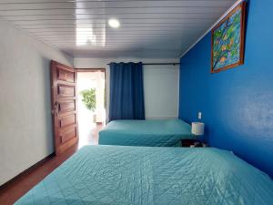 戈尔菲托Hôtel Pez Gallo的卧室设有两张床铺,拥有蓝色的墙壁和门