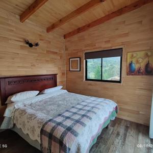 Rancocabaña vista nilahue的小木屋内一间卧室,配有一张床