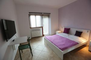 拉奎拉Casa Michela的一间卧室配有一张带紫色床单的床和一台电视。