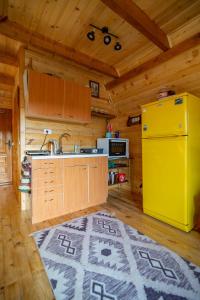 KremnaPlaninska kuća Isiteo的厨房配有黄色冰箱和厨房地毯。