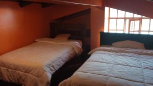 卡扬贝Hosteria Loma Larga Cayambe的一间卧室设有两张床和窗户。