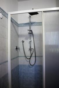 阿贝托内Chalet Abetone in Tuscany的浴室内带软管的淋浴