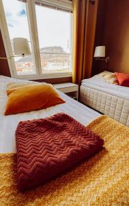 基尔匹斯扎我维Aurora Apartment Kilpisjärvi的酒店客房设有两张床和窗户。