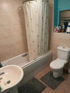 黑多克Sunny House的浴室设有卫生间、水槽和淋浴帘