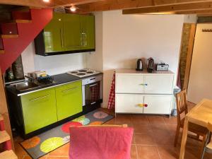 RoveredoRustico a Roveredo GR的一间小厨房,配有绿色的橱柜和一张桌子