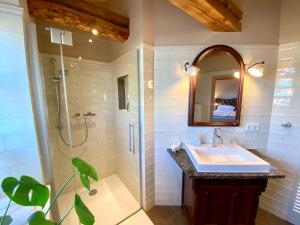 费茨肖Villa B das zauberhafte Chalet的一间带水槽和淋浴的浴室
