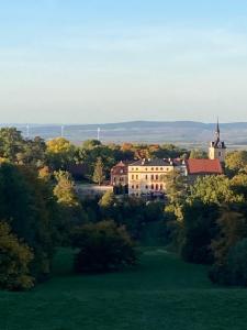 EttersburgFerienwohnung Am Schlosspark Ettersburg bei Weimar的树木林立的田野中心建筑