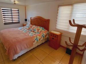 蓬塔阿雷纳斯Acogedora casa en Punta Arenas的一间卧室配有一张床、一个梳妆台和一扇窗户。