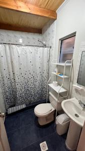 圣佩德罗·德·阿塔卡马Hostal Ckamai的带淋浴、卫生间和盥洗盆的浴室