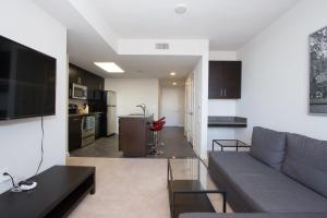 阿林顿Nice 2BR Pentagon City Apartment的一间带灰色沙发的客厅和一间厨房