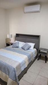 巴耶斯城Casa equipada Cd Valles的一间卧室配有一张带蓝色枕头和一盏灯的床。
