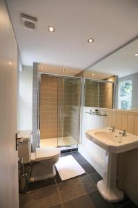 伦敦皇冠和皇权酒店的浴室配有卫生间、盥洗盆和淋浴。