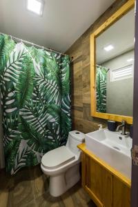 迪弗西Isla Dhiffushi的浴室设有卫生间、水槽和淋浴帘