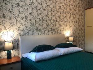 比亚韦斯托克索斯诺维扎西斯泽公寓式酒店的一间卧室配有一张带两盏灯的绿床。
