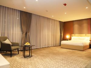 亚的斯亚贝巴Skylight In-Terminal Hotel的配有一张床和一把椅子的酒店客房