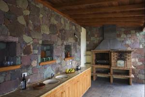 阿格特Casa rural en el Risco de Agaete A的厨房设有石墙和炉灶